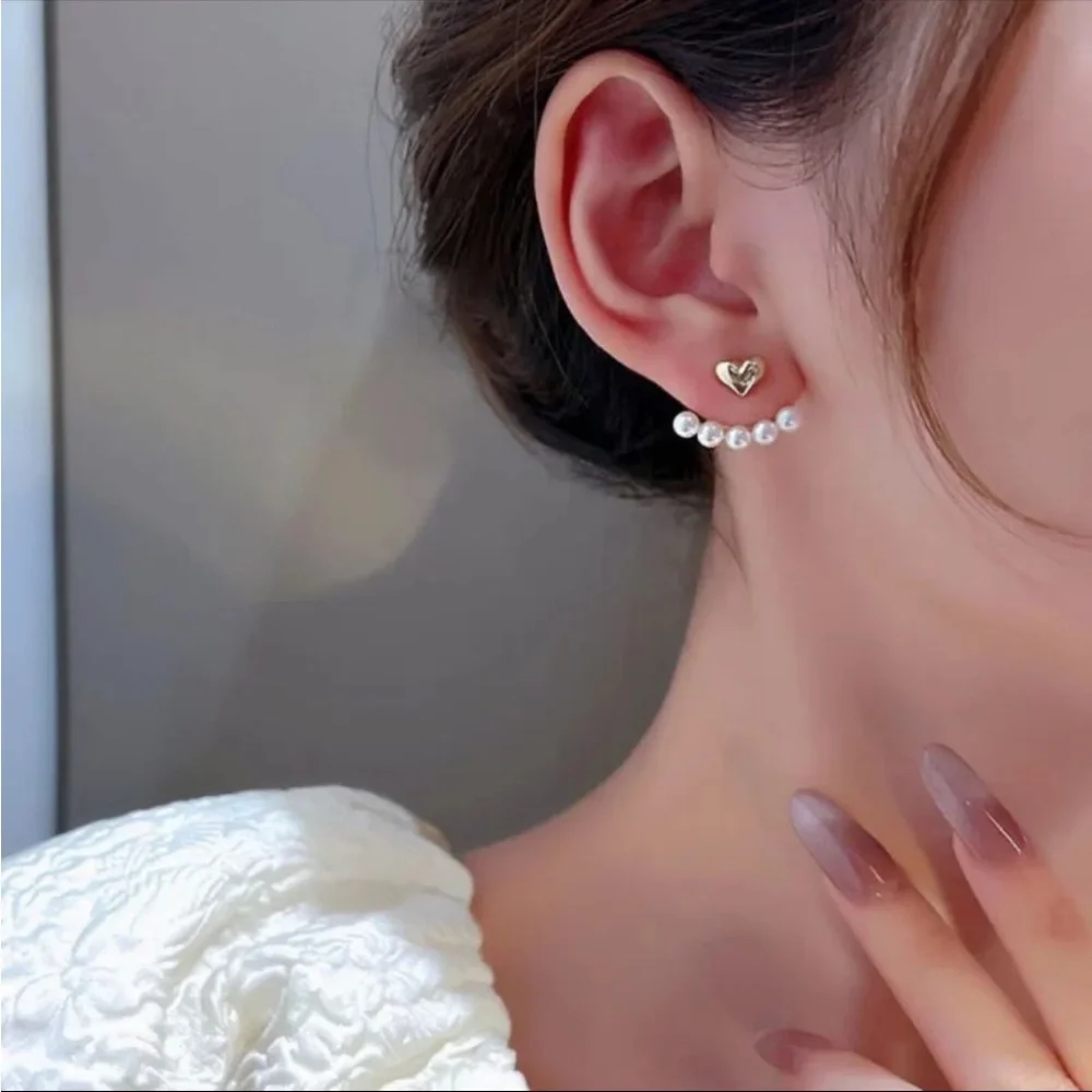 "I'm Yours" Pearl Gold Heart Minimalist Tiny Small Dainty Gift Climber Earring - Picture 6 of 6